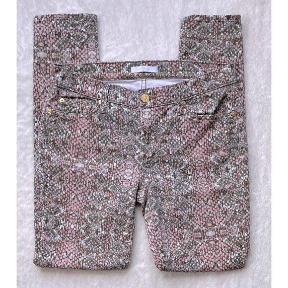 7 For All Mankind Beige Pink Green Snake Print Low-Rise Tapered Ankle Jeans, 29 - Picture 10 of 16
